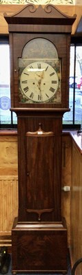 Lot 715 - 19th century 8 day longcase clock by John Cameron, Kilmarnock with painted arched dial , two subsidiary dials , painted domestic scene to arch , emblematic spandrel figures of the continents , in m...