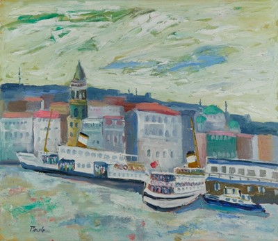 Lot 1002 - *John Hanbury Pawle (1915-2010) oil on board- The Galata Tower, signed and dated 92, 66cm x 76cm