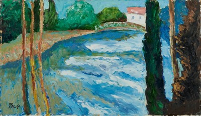 Lot 1008 - *John Hanbury Pawle (1915-2010) oil on board- River Aa, Picardie, signed, 36cm x 61.5cm  
Exhibited- Portland Gallery, London, November 2000