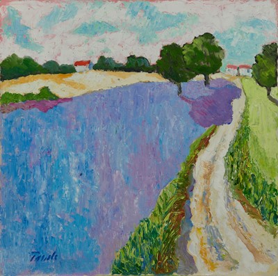 Lot 1052 - *John Hanbury Pawle (1915-2010) oil on board - Lavender field with country lane, signed, 61cm x 61cm