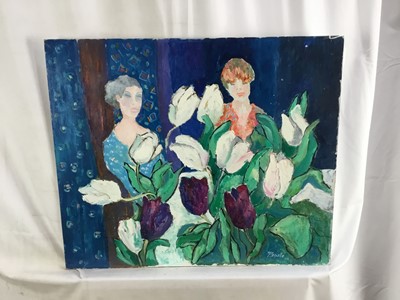 Lot 90 - *John Hanbury Pawle (1915-2010) oil on board- ‘Sisters’, signed, with shipping scene verso, 51cm x 61cm