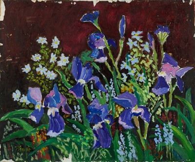 Lot 1059 - *John Hanbury Pawle (1915-2010) oil on board- Purple iris, signed, with crucifixion scene verso, 51cm x 61cm