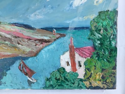 Lot 76 - *John Hanbury Pawle (1915-2010) oil on board- ‘St Mawes’, with sunset seascape verso, both sides signed, 51cm x 61cm