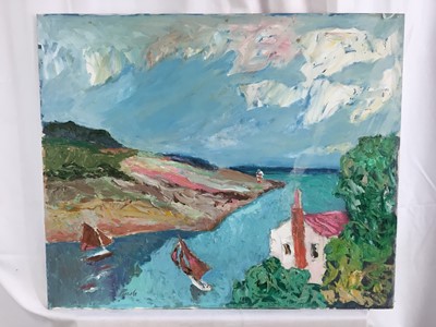 Lot 76 - *John Hanbury Pawle (1915-2010) oil on board- ‘St Mawes’, with sunset seascape verso, both sides signed, 51cm x 61cm