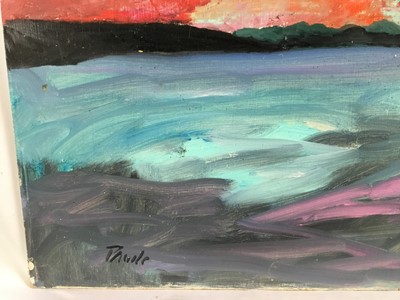 Lot 76 - *John Hanbury Pawle (1915-2010) oil on board- ‘St Mawes’, with sunset seascape verso, both sides signed, 51cm x 61cm