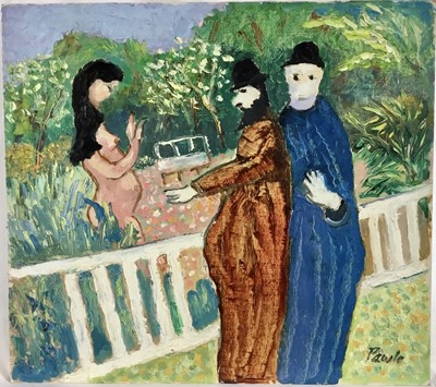 Lot 193 - *John Hanbury Pawle (1915-2010) oil on board- Susanna and The Elders in garden, signed, 46cm x 51cm