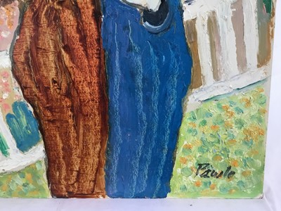 Lot 77 - *John Hanbury Pawle (1915-2010) oil on board- Susanna and The Elders in garden, signed, 46cm x 51cm