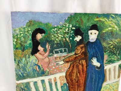 Lot 77 - *John Hanbury Pawle (1915-2010) oil on board- Susanna and The Elders in garden, signed, 46cm x 51cm