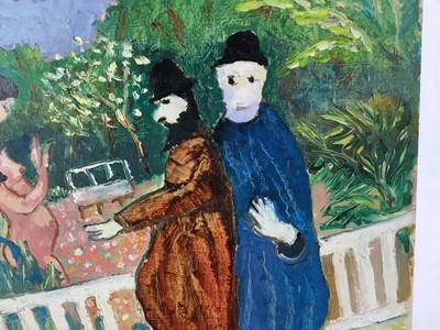 Lot 77 - *John Hanbury Pawle (1915-2010) oil on board- Susanna and The Elders in garden, signed, 46cm x 51cm