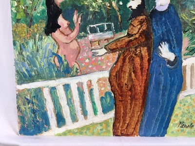 Lot 77 - *John Hanbury Pawle (1915-2010) oil on board- Susanna and The Elders in garden, signed, 46cm x 51cm