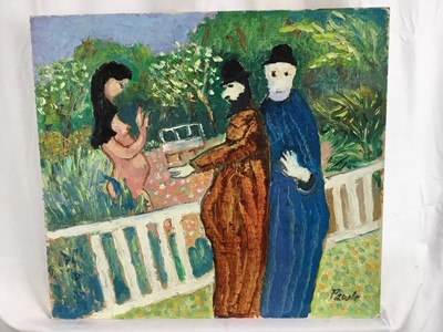 Lot 77 - *John Hanbury Pawle (1915-2010) oil on board- Susanna and The Elders in garden, signed, 46cm x 51cm