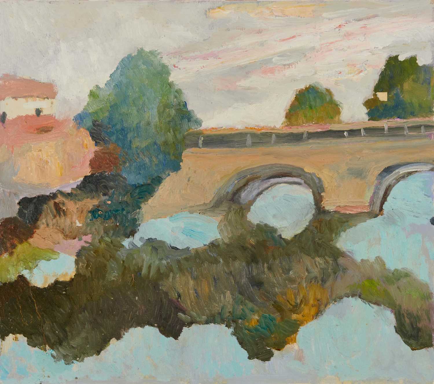 Lot 93 - *John Hanbury Pawle (1915-2010) oil on board- Viaduct river scene, 52cm x 58.5cm, unframed