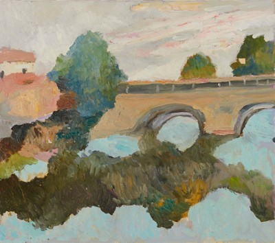 Lot 1196 - *John Hanbury Pawle (1915-2010) oil on board- Viadcut river scene, unsigned, 52cm x 58.5cm
