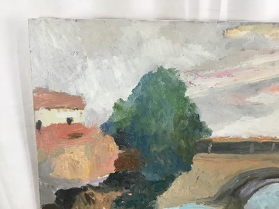 Lot 93 - *John Hanbury Pawle (1915-2010) oil on board- Viaduct river scene, 52cm x 58.5cm, unframed