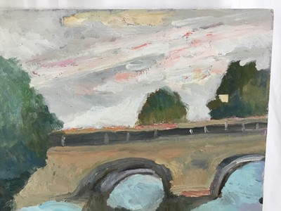 Lot 93 - *John Hanbury Pawle (1915-2010) oil on board- Viaduct river scene, 52cm x 58.5cm, unframed