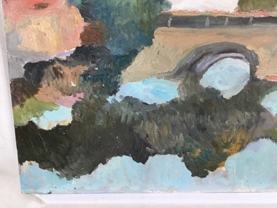 Lot 93 - *John Hanbury Pawle (1915-2010) oil on board- Viaduct river scene, 52cm x 58.5cm, unframed