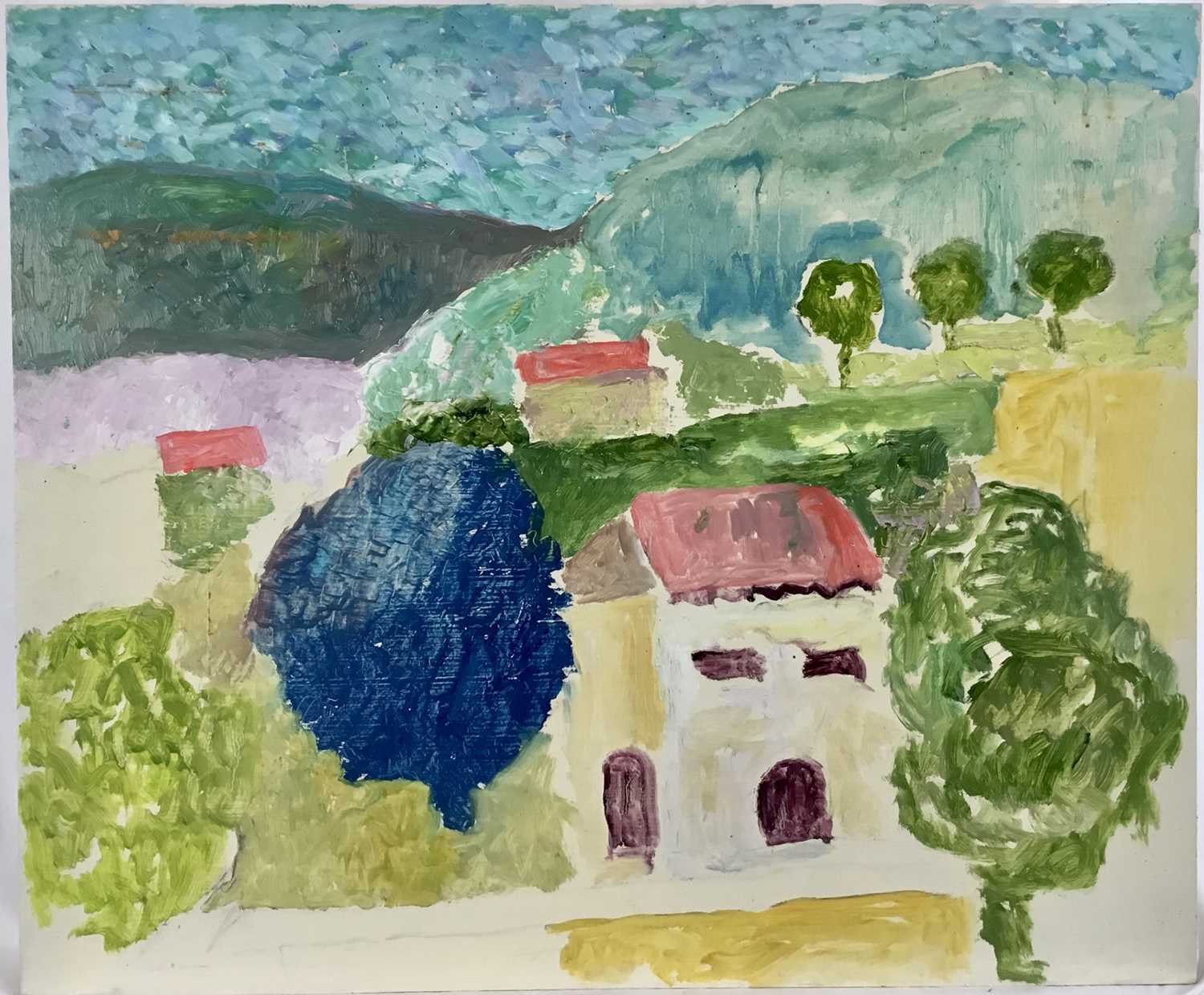 Lot 78 - *John Hanbury Pawle (1915-2010) oil on board- Houses on the hillside, 51cm x 61cm
