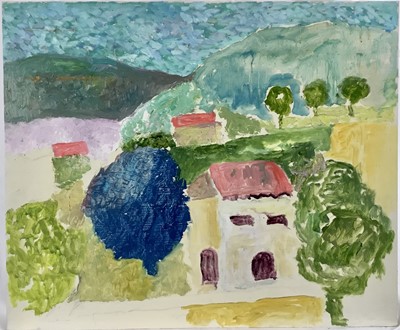 Lot 78 - *John Hanbury Pawle (1915-2010) oil on board- Houses on the hillside, 51cm x 61cm