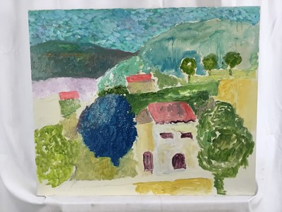 Lot 78 - *John Hanbury Pawle (1915-2010) oil on board- Houses on the hillside, 51cm x 61cm
