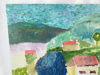 Lot 78 - *John Hanbury Pawle (1915-2010) oil on board- Houses on the hillside, 51cm x 61cm