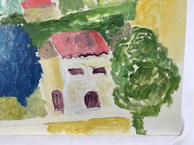 Lot 78 - *John Hanbury Pawle (1915-2010) oil on board- Houses on the hillside, 51cm x 61cm
