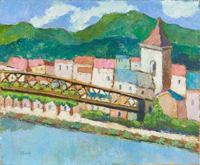 Lot 1064 - *John Hanbury Pawle (1915-2010) oil on board- Dordogne, signed, with mountain landcape verso, 51cm x 61cm
