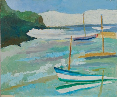 Lot 1056 - *John Hanbury Pawle (1915-2010) oil on board- Three boats moored in a cove, with abstract scene verso, both sides unsigned, 51cm x 61cm
