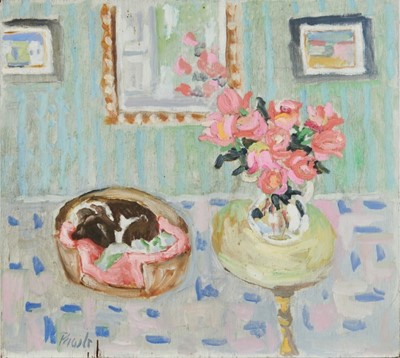 Lot 1055 - *John Hanbury Pawle (1915-2010) oil on board- Luca in his Basket, signed and dated 91, 46cm x 51cm