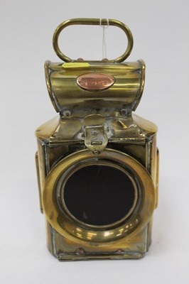 Lot 2477 - Late 19th century brass carriage lamp, together with cased flasks, tin containing Royal Commorative medals and spectacles