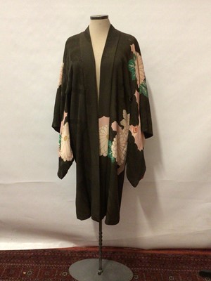 Lot 2136 - Vintage Japanese silk kimono printed floral design, centre of flowers embroidered in Forbidden stitch.