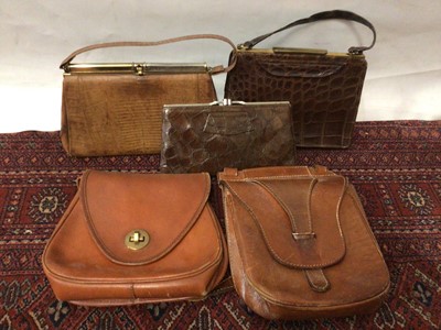 Lot 2138 - Selection of vintage handbags including crocodile skin, lizard skin, tan leather satchel style bags, good quality leather bags etc.  Plus pairs of leather gloves, short and long in packets.