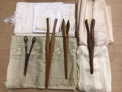 Lot 2139 - Mixed vintage accessories including Kigiu, Melba and other compacts, small silver pill box, unused hand embroidered cream wool shawl, cream silk scarves, plus an embroidered Alphabet tapestry panel...