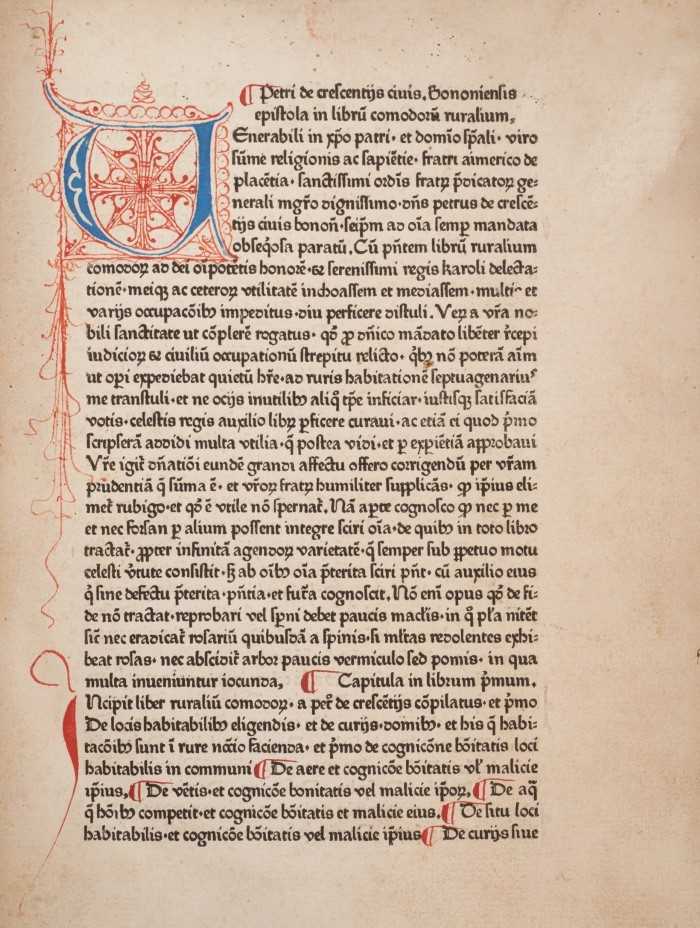 Lot 695 - Petrus de Crescentiis  Ruralia commoda, first edition of the first printed book on agriculture, Augsburg, Johann Schuessler, 1471.