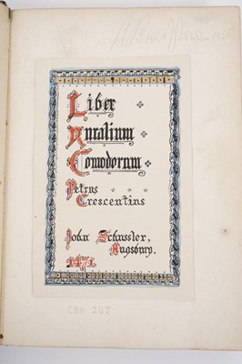 Lot 695 - Petrus de Crescentiis  Ruralia commoda, first edition of the first printed book on agriculture, Augsburg, Johann Schuessler, 1471.