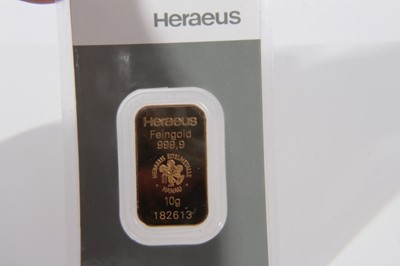 Lot 406 - Switzerland - Herafus Fine Gold 999.9 Bullion Bar wt. 10gm (1 Bullion Bar)