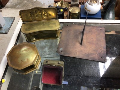 Lot 237 - Two old brass tinder boxes, sundial and pocket watch bedside magnifier