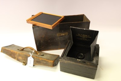 Lot 2711 - No.4 Eastman Kodak plate camera, with red bellows, Bausch & Lomb Unicum lens, in a leather case with a quantity of plates