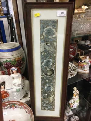 Lot 270 - Chinese silk embroidered sleeve panel, framed and glazed