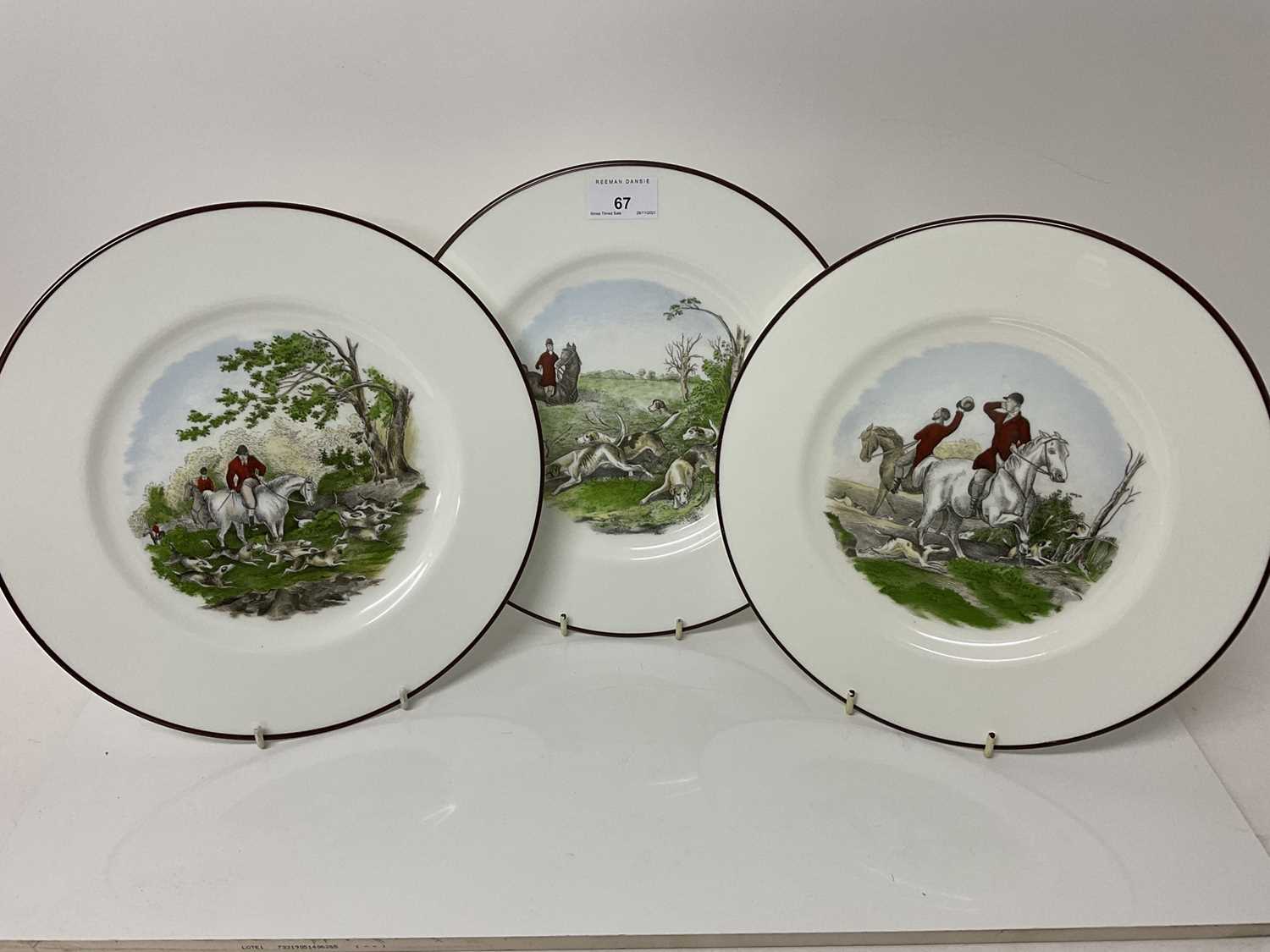 Lot 67 - Set of three Crown Staffordshire porcelain hunting decorated plates