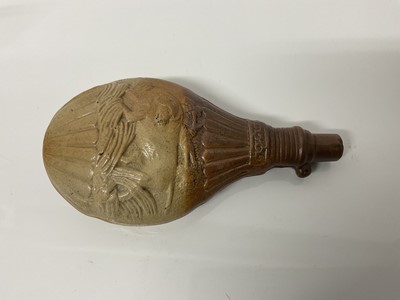 Lot 58 - 19th century salt glazed flask in the form of a powder flask decorate with hunting dogs