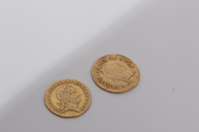 Lot 466 - G.B. - Gold Guinea fractions to include George I Quarter Guinea 1718 F-G.F and George III, Third Guinea 1798 (N.B damaged) otherwise V.G. (2 coins)