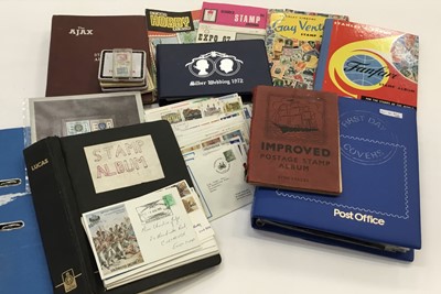 Lot 1574 - Box of old stamp albums, loose stamps and FDCs in albums.