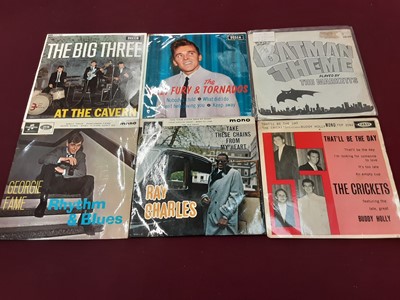 Lot 2230 - Box of single records and EP's including Batman Theme by Marketts, Big Three at the Cavern, Billy Fury and the Tornados, Rock with the Bellboys, Beatles, Stones, Dee Clark, Miracles, Sonny Boy Will...