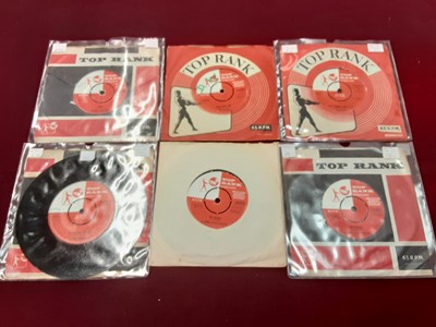 Lot 2231 - Box of single records on the Top Rank label including Lee Allen, Jack Scott, Lorie Mann, Temptations, Annette, John Leyton, Adam Wade, Maurice Williams, Reivers, Vince Eager, Fireballs, Leaderbeats...