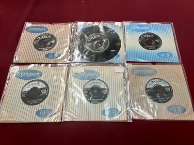 Lot 2237 - Box of approx 165 single records on the London label including Bobby Freeman, Ruth Brown, Eddie Cochran, Jimmy Clanton, Coasters, Crystals, Chordettes, Bobby Day, Fats Domino, Sherry's, Ronettes, B...
