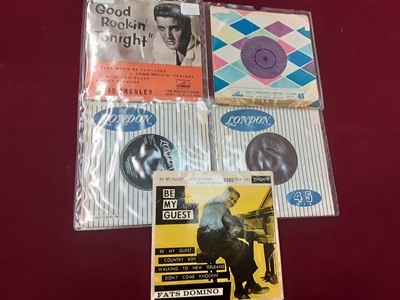 Lot 2238 - Elvis Presley export single 7MC 42 (VG), Bo Diddley RE-V 1054 (VG - no sleeve), Eddie Cochran 45 HL-V 8386 (good), Chantels 45-HLV 8561 (VG), together with an entire box of Elvis Presley (approx 18...