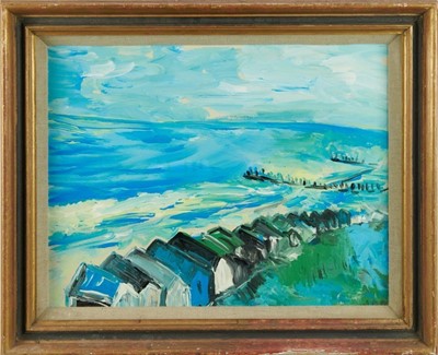 Lot 1065 - Sonia Pawle oil on board - Beach Huts, Southwold, titled and dated 1988