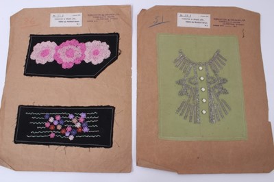 Lot 2158 - A small archive of 1920s and 30s Couture Ornamentation Salesman Samples mounted on paper with haberdasher's printed labels