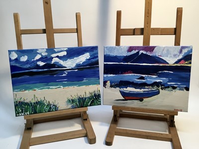 Lot 345 - William Findley Burns, a pair of oils on canvas, The Northern Isle of Gigha and St. Ronan's Beach Iona, signed, unframed, 
each 30 x 40cm. (2)
