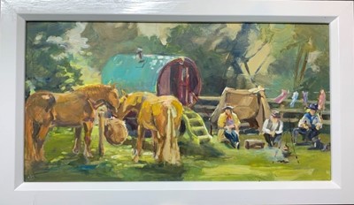 Lot 7 - Amanda Barrett oil on board - Waiting on a Brew, 28cm x 48cm framed